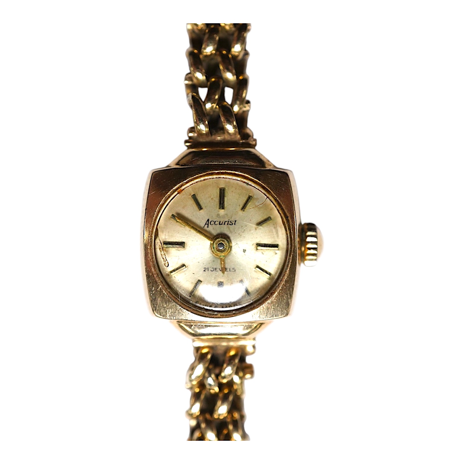 A lady's 9ct gold Accurist manual wind wrist watch, on a 9ct gold bracelet, gross weight 12.3 grams. Condition - fair